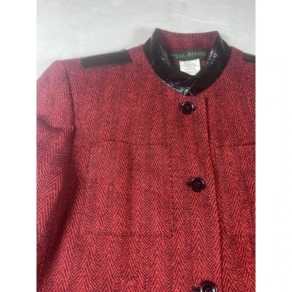 Harve Benard Coat Womens 8 Red‎ Wool Herringbone Faux Leather Trim Mid Length